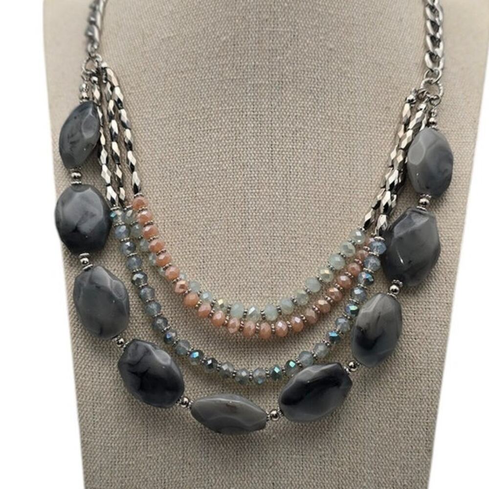 Gray Layered Beaded Statement Necklace Moody Neutral Modern Chic